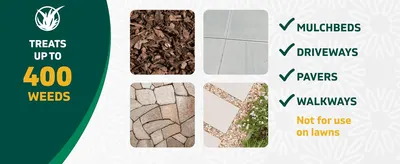 Highlights the product's capacity to treat up to 400 weeds per bottle to reassure shoppers of value. Shows the range of hardscape surfaces the spray works on while flagging it is not for lawn use.