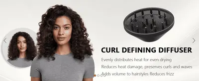 Highlights the included diffuser attachment and its benefits for evenly drying curls while reducing frizz and heat damage.