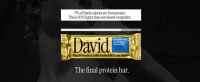 Uses a bold percentage claim to prove the bar delivers more protein per calorie than competitors. Positions the product as superior to rival protein bars using a direct comparative stat.