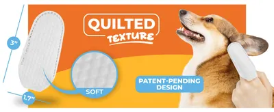 Shows the exact wipe dimensions (3" x 1.7") so shoppers know what size product to expect. Zooms in on the quilted, soft texture to demonstrate the wipe's gentle material quality.