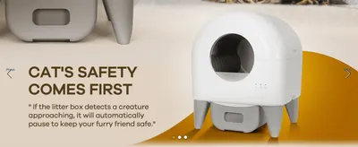 Uses a direct customer quote to reassure shoppers that the litter box automatically pauses when it detects a creature nearby, protecting their pet. Highlights a built-in safety sensor that halts…