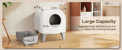 Gives exact height, width, and drawer dimensions so shoppers can confirm the litter box will fit their space. Emphasizes that the large capacity reduces daily maintenance for busy pet-owning families.