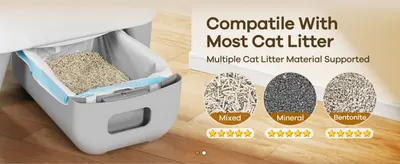 Reassures shoppers the box works well with multiple litter types (mixed, mineral, bentonite), each rated five stars for compatibility.
