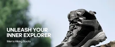 Uses an aspirational outdoor lifestyle image and tagline to position the boots for adventure and exploration.