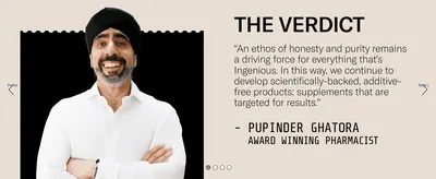 Builds trust by featuring a direct quote from a named, credentialed pharmacist endorsing the brand's ethos.