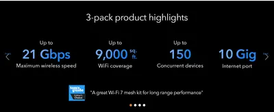 Communicates the router's high-performance specs at a glance so shoppers can gauge its power and capacity. Builds credibility by showing third-party recognition from Tom's Guide for long-range mesh…