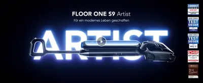 Introduces the Floor One S9 Artist with a bold hero visual and tagline to establish premium brand positioning. Builds credibility by showing third-party test seals and awards from recognized German…