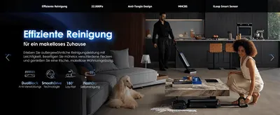 Reassures shoppers the vacuum delivers effortless, thorough cleaning at home via a lifestyle scene and headline claim.
