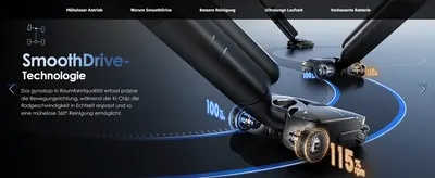 Highlights the SmoothDrive gyroscope technology's ability to boost wheel speed by up to 115% for more effective cleaning. Explains how the aerospace-grade gyroscope and AI chip adjust wheel speed in…