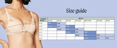 Helps shoppers find their correct band and cup size using a detailed fit chart keyed to two measurement points on the bra.