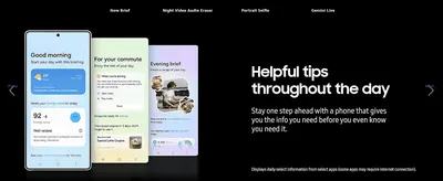 Highlights multiple distinct AI-powered helper features via a tabbed layout to show the phone's broad daily usefulness. Shows the phone providing helpful AI briefings across different times of day…