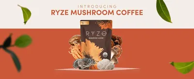 Introduces the Ryze Mushroom Coffee product with an on-brand, ingredient-focused hero image to build initial recognition.