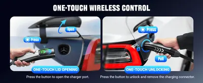 Demonstrates how to use the one-touch wireless control to open the charging port and unlock the connector. Highlights two distinct convenience features of the wireless remote in a segmented…