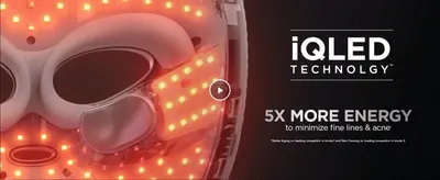 Highlights the mask's proprietary iQLED technology delivering 5x more energy to reduce fine lines and acne. Communicates one core performance claim about increased light energy for anti-aging and…