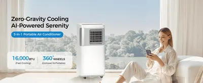 Highlights the AC's fast-cooling power and portability through two bold performance stats. Positions the unit as an effortless, tech-forward comfort upgrade via a clean lifestyle scene and headline.
