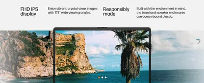 Communicates the vivid, wide-angle FHD display alongside the laptop's use of ocean-bound recycled plastic. Reassures environmentally-conscious shoppers the…