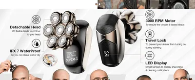 Highlights five distinct product features side by side to show the shaver's overall capability.