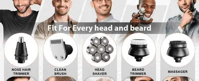 Shows the full set of interchangeable heads included so shoppers understand the tool's versatility. Demonstrates the range of grooming needs (head, beard, nose) the single device can handle.