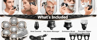 Clearly lists every accessory in the box to set expectations before purchase. Shows each included attachment being used in a real grooming scenario.