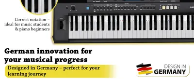 Builds trust through German engineering heritage while reinforcing the product's accurate note labeling for learners. Highlights that the labels use correct musical notation, ideal for students and…