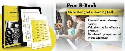 Communicates a free bonus e-book with theory basics and practice tips to add extra value to the purchase.