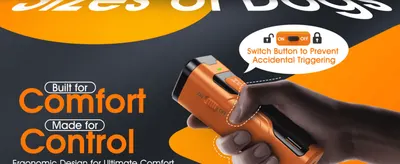 Highlights the ergonomic grip designed for comfortable, controlled handling. Reassures shoppers the switch button prevents the device from firing accidentally.