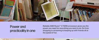 Communicates that the laptop's AMD Ryzen processor gives shoppers reliable everyday power for tasks from shopping to streaming.