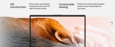 Highlights two distinct screen benefits (touch control and eye comfort) in a segmented carousel panel.