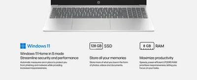 Presents three key specs (Windows 11, 128GB SSD, 8GB RAM) in a segmented layout so shoppers can quickly grasp the laptop's core capabilities.