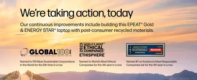 Reassures shoppers the laptop is built with recycled materials and meets EPEAT Gold and ENERGY STAR sustainability standards. Reassures shoppers the laptop is built with recycled materials and meets…
