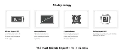 Highlights four core performance specs in a segmented icon grid to convey all-day productivity and power.