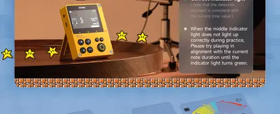 Explains how the indicator lights guide the user to stay in rhythm while practicing, reinforcing the trainer mode's real-time feedback. Explains how the indicator lights guide the user to stay in…