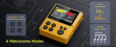 Highlights several distinct specs and capabilities of the metronome tuner in a segmented layout around the product.