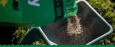 Shows the seed and fertilizer blend being poured into a spreader to convey real-world use with no accompanying claim text.