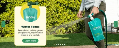 Positions the product as the solution for keeping a lawn green during low rainfall, shown through a real usage scene.