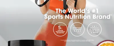 Establishes brand authority as the #1 sports nutrition brand while highlighting three distinct product benefits in segmented callouts.