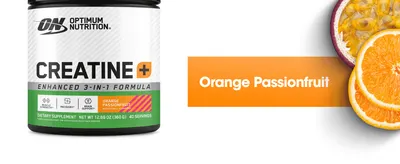 Highlights the Orange Passionfruit flavor alongside the product packaging to make the taste profile appealing and tangible.