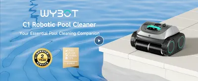 Introduces the WYBOT C1 Robotic Pool Cleaner brand and product name with a hero lifestyle shot to build brand recognition. Builds credibility by showing third-party recognition from the Paris Design…