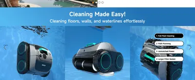 Highlights four distinct cleaning-performance benefits (full coverage, path planning, power, filter size) in one segmented layout.