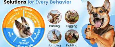 Shows the device's multiple sonic/light modes and the range of bad behaviors (barking, digging, jumping, fighting) it addresses.
