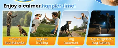 Shows the deterrent working across several real-life scenarios, from correcting bad behavior to stopping a neighbor's dog barking at night.