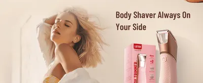 Pairs an aspirational lifestyle photo with the product pack shot to position the trimmer as a convenient, always-on-hand grooming companion.
