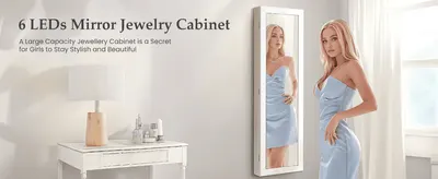 Introduces the jewelry cabinet in a real bedroom setting alongside a headline naming the product and its core value. Positions the cabinet's large storage capacity as the secret to staying stylish,…