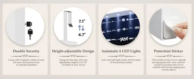 Highlights four distinct design and safety benefits in a segmented grid to reassure shoppers about durability and ease of use.