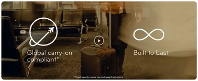 Reassures shoppers the suitcase meets global carry-on size rules and is built to last, using icon callouts over a travel lifestyle scene.