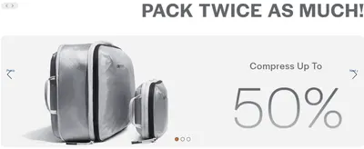 Highlights a bold compression percentage to convince shoppers the packing cube saves significant luggage space. Reinforces the single core benefit of the product compressing clothing down to fit…