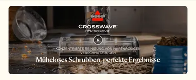 Introduces the CrossWave HydroScrub with a headline video promising effortless scrubbing and thorough cleaning of stubborn dirt.