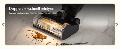 Shows the product cleaning a spill twice as fast by vacuuming and mopping floors at the same time.