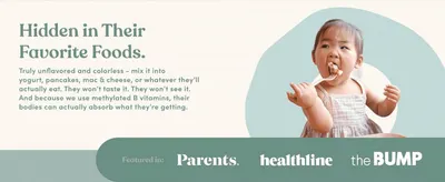 Shows the product mixed into a toddler's favorite food to prove it goes unnoticed while still being absorbed. Builds credibility by showing the brand has been featured in recognized parenting and…