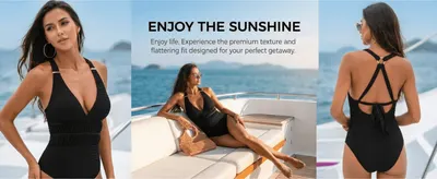 Uses lifestyle imagery to sell the swimsuit's premium textured fabric and flattering fit for a resort getaway.